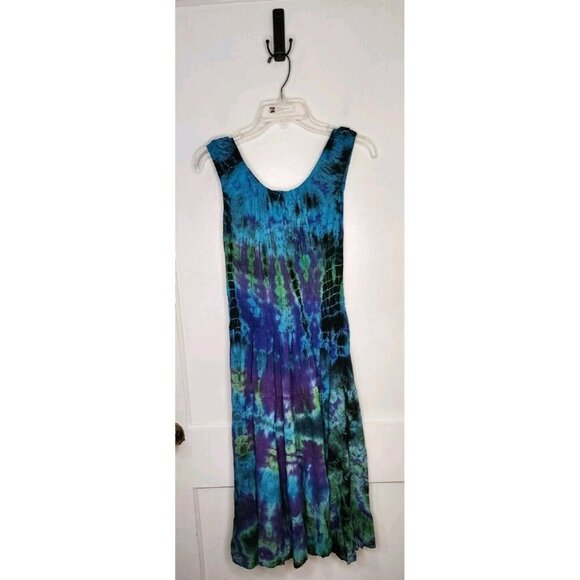 Advance Apparels Dress One Size Fits Most Smocked Waist Blue Purple Tie Dye Boho - Picture 2 of 6